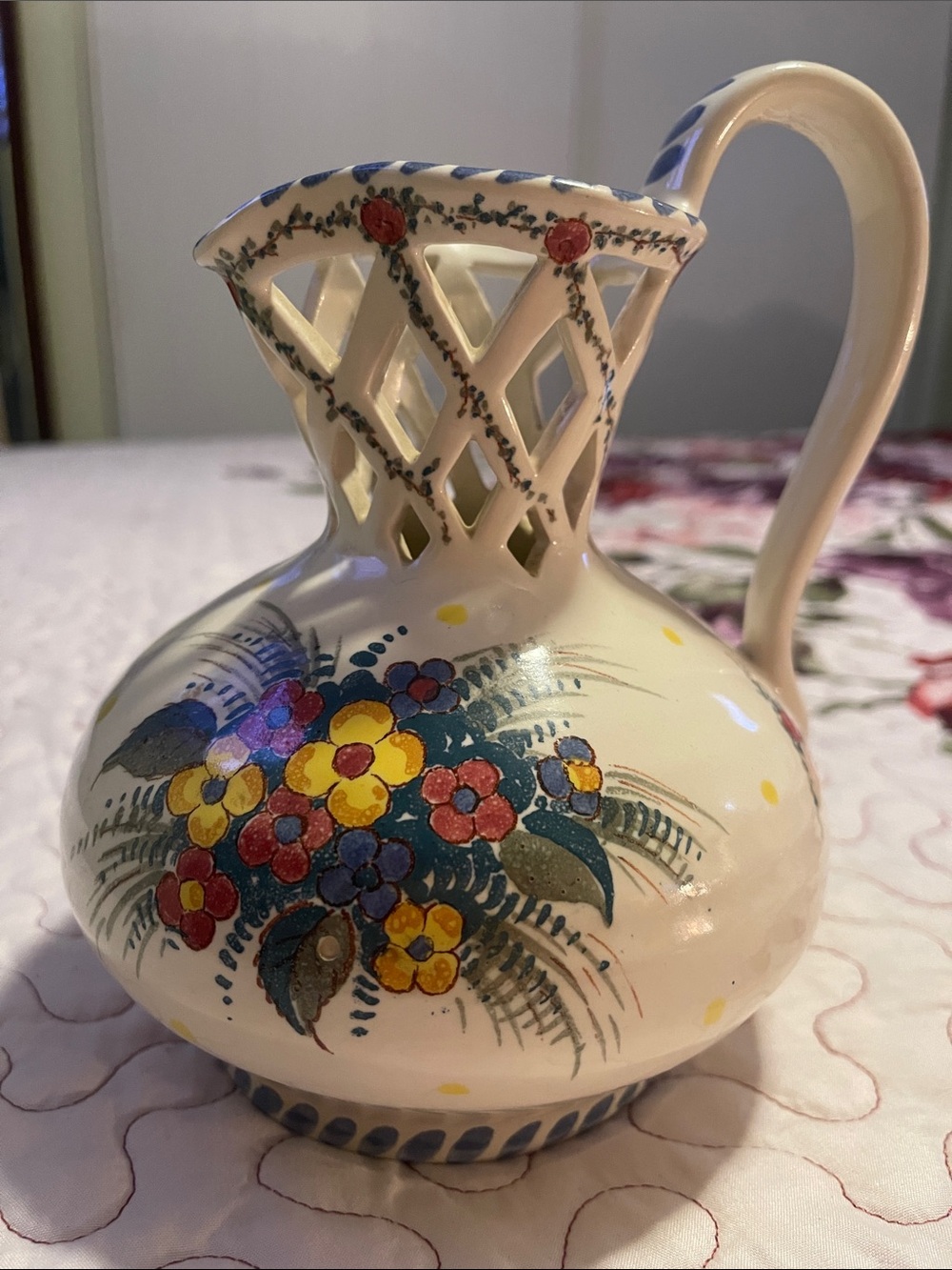 Hand-Painted Cream Ceramic Floral Pitcher with Lattice Neck